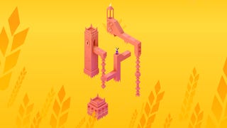 A screenshot of Monument Valley 3. A yellow, wheat-coloured level with pink, carved architecture floating impossibly in the air.