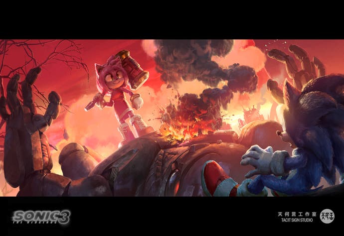 Sonic 3 film concept art showing Amy with a hammer standing over Sonic and destroyed robot