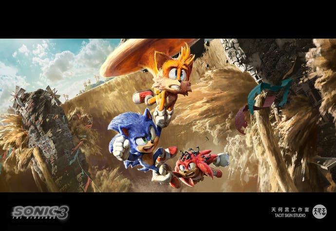 Sonic 3 film concept artwork showing Tails, Sonic and Knuckles in flight escaping sandstorm explosion