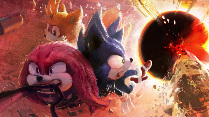 Sonic 3 film concept art showing Knuckles holding a rope in his teeth tied with Sonic and Tails next to an exploding void