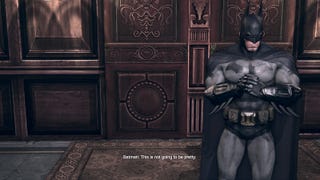 Batman stands in a hall in Wayne Manor in this screen from Batman Arkham City. Text reads "Batman: This is not going to be pretty."