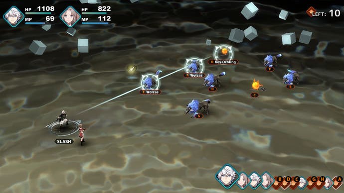 Fantasian screenshot showing characters battling monsters in a dark void with straight aiming line of attack