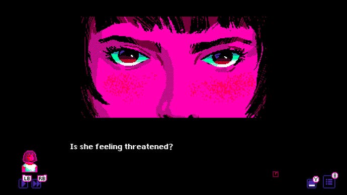 A woman's staring eyes in close-up in Grizzly Man. Text reads: Is she feeling threatened?