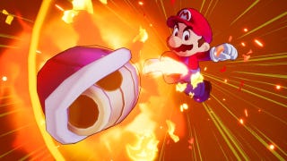 Mario & Luigi: Brothership screenshot showing Mario firing a flaming red shell