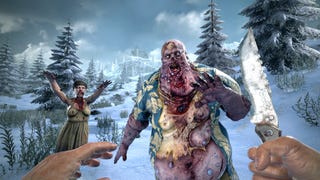 A screenshot from 7 Days to Die, showing a first-person perspective of a person holding a hunting knife as a bulbous rotten zombie charges towards them. There's a feminine  zombie nearby with their arms outstretched as if hungry for brains. Perhaps they are.