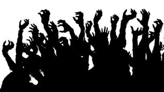 A black and white illustration showing many grasping zombie hands reaching up. They are black and silhouetted against a white background.