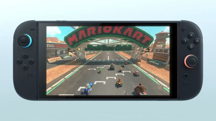 Switch 2 with Mario Kart gameplay showing characters lined up on Mario Bros Circuit