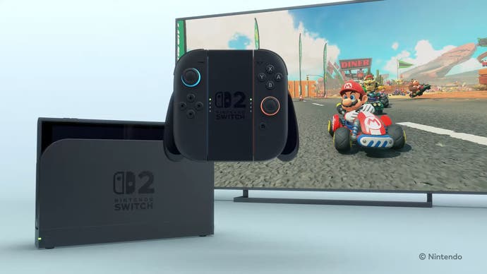 Switch 2 console with TV screen showing Mario driving a kart in new Mario Kart