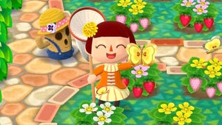 A girl with short brown hair smiles as she holds up a captured butterfly in Animal Crossing Pocket Camp Complete.