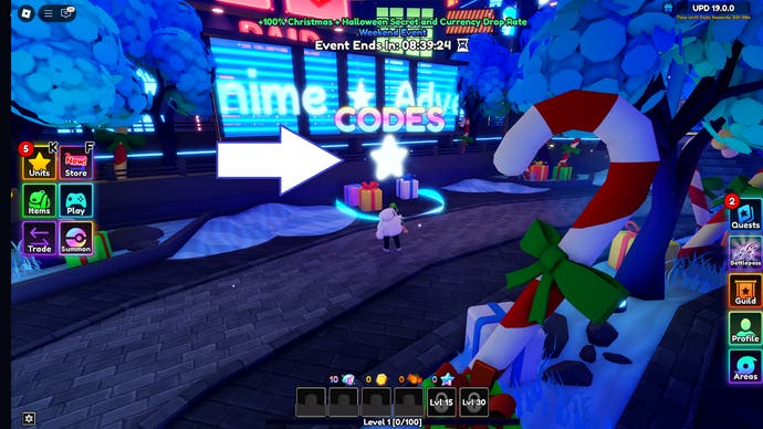 A screenshot of Anime Adventures in Roblox showing the game's codes circle.