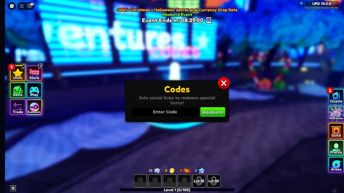 A screenshot of Anime Adventures in Roblox showing the game's codes field.