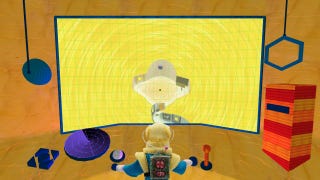 A screenshot from Asterism, showing a spacesuit-clad character at a control panel of a spaceship - a spaceship that looks like it's been made out of cardboard.