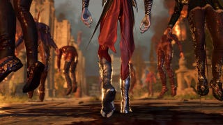 A screenshot from a cinematic moment in Baldur's Gate 3. We see the bottom half of a slender character from behind as they walk through city street lined with floating corpses, whose blood is pooling on the floor beneath.