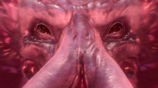 A close-up of a huge brain-like, tentacled mind flayer face in Baldur's Gate 3.