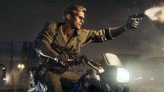 Call of Duty Black Ops 6 official screenshot showing Adler riding a motorbike and shooting a pistol