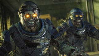 A screenshot from Call of Duty: Black Ops 6's Zombies mode showing two armour-clad zombies shambling in a dingy room.