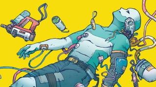 Key art for Citizen Sleeper 2, showing a robot-like body floating in zero gravity with tools and equipment around them. Various tubes and wires are plugged into them, as they lean back and float in the air. They are a turquoise colour against a bright yellow background.