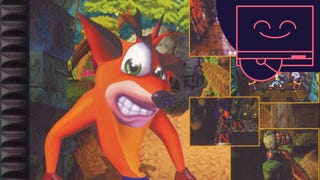 Crash Bandicoot official box image showing crash raising an eyebrow at the camera and several screenshots of different levels in a collage. Cropped with Eurogamer PS30th logo in top right.