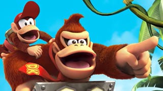 Diddy and a pointing DK in Donkey Kong Country Returns HD