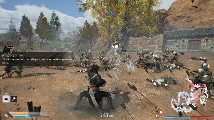 Dynasty Warriors: Origins screenshot of the player character unleashing a flurry of punches at a unit of enemy soldiers.