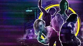 A montage of Cyberpunk 2077 characters with a hazy purple filter over backdrop of Night City, with neon yellow detailing. Offset to the right.