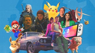 Collage of video game characters, consoles and real people for the year ahead in gaming, including Phil Spencer and Sarah Bond, GTA 6's main characters, Pikachu, Mario, and live action Geralt and Joel