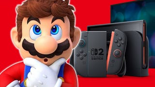 Mario looking surprised next to a Nintendo Switch 2 console in docked mode.