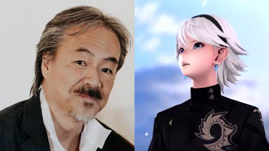 Headshot of Final Fantasy creator Hironobu Sakaguchi and lead character Leo from Fantasian