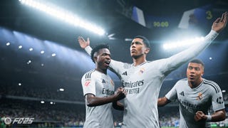 Official EA FC key art showing Jude Bellingham, Vini Jr and Mbappe celebrating for Real Madrid