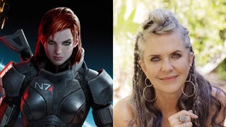 Artwork of FemShep from Mass Effect and headshot of actor Jennifer Hale