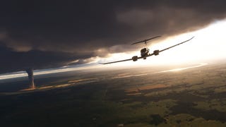 A Flight Simulator 2024 screenshot showing a plane approaching a distant tornado beneath a brooding sky.