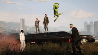 Grand Theft Hamlet key art showing characters standing on a car