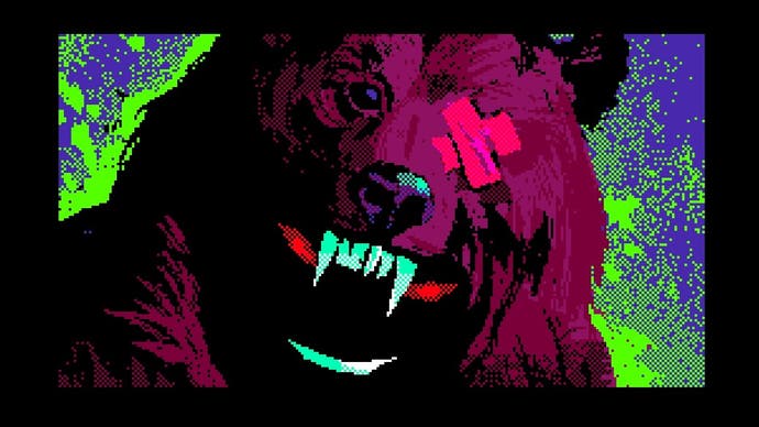 A close-up image of a bear - or a person in a bear suit - descending on the camera, the viewer. It's a luridly coloured image - toxic green frames the bear, which itself is a kind of pinky purple. It's also somewhat pixelated. Dagger-sharp teeth are the focal point, as is a cross-shaped plaster stuck over the eye.