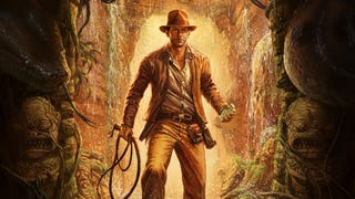 The key art for Indiana Jones and the Great Circle, showing an illustration of Indy holding his whip and an artefact as he emerges from a lit tomb into darkness.