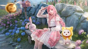 Nikki, a pink haired girl, sits on a bench next to Momo, a cat, as a bee flies by.