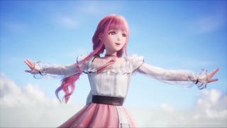 Infinity Nikki image showing a pink haired female in a white blouse spreading her arms wide as though she is dancing