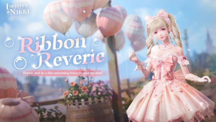 Nikki wearing the Pink Ribbon Waltz outfit in Banner promotion for Infinity Nikki.