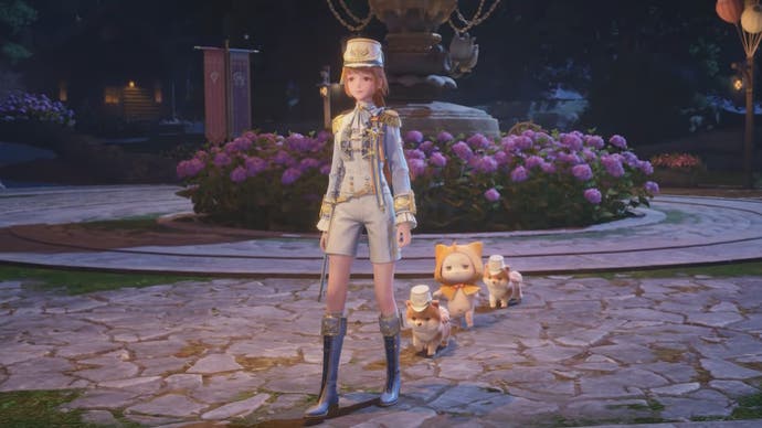 Nikki in her Midnight Vigil outfit with Floofs and Momo following behind her.