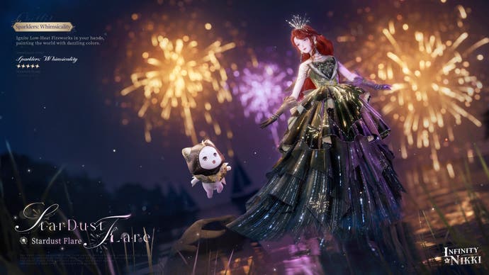 Promotional image for the Stardust Flare outfit and Momo cloak in Infinity Nikki.