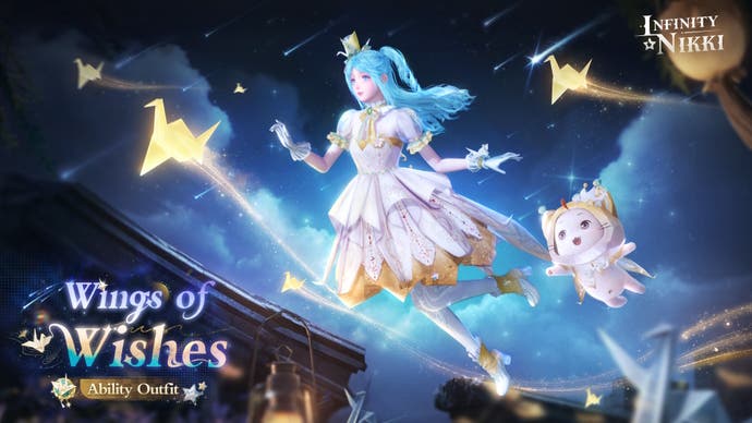 Promotional image for the Wings of Wishes outfit and Momo's cloak in Infinity Nikki.