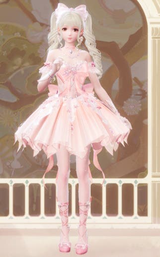 Nikki in the Pink Ribbon Waltz outfit in Infinity Nikki.