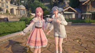 A pink haired woman and their blue-haired friend pose in a village square in Infinity Nikki.