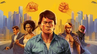 Karate Survivor key art. It shows a six characters arranged in a V shape, facing the camera, with skyscrapers and two fists in the background, somewhat inexplicably. It's exactly the kind of image you'd see on a '90s Hong Kong action movie poster: young hero, muscular thugs, baseball bats, guns. There's gonna be some punching going down.