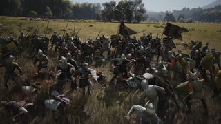 Manor Lords trailer screenshot showing crowd of militia with flags in a battle