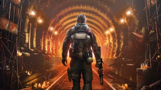 A person stands with their back to the camera as they walk toward an orange tunnel in the key art for Metro Awakening VR.