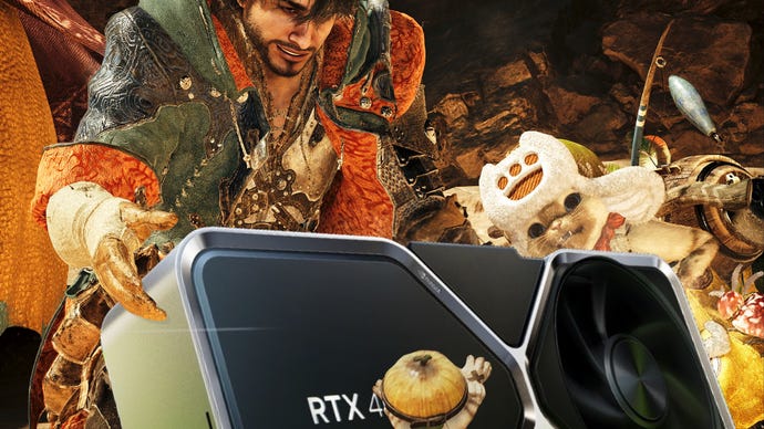 Artwork showing several Monster Hunter Wilds characters gathered around an Nvidia GPU that's been Photoshopped into the scene.