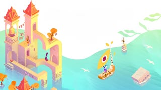 Monument Valley 3 key art, showing impossible architecture poking out of a body of water, and a little boat nearby.