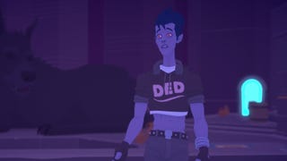 A screenshot from Mythwrecked showing a purple-hued scene of a man with purple skin, red eyes, dark hair, and a cropped t-shirt with the word "DED" across it.