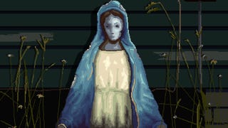 The pixelated image of a hooded feminine figure standing, clad in creams and blues, in stark contrast to a dark green wooden wall behind them. They cut a notable triangular shape against it. It's a sweet but slightly haunting image.