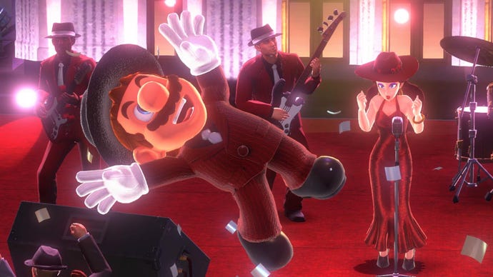 Mario dressed in a sharp suit dances with a lady in a jazz club in Super Mario Odyssey